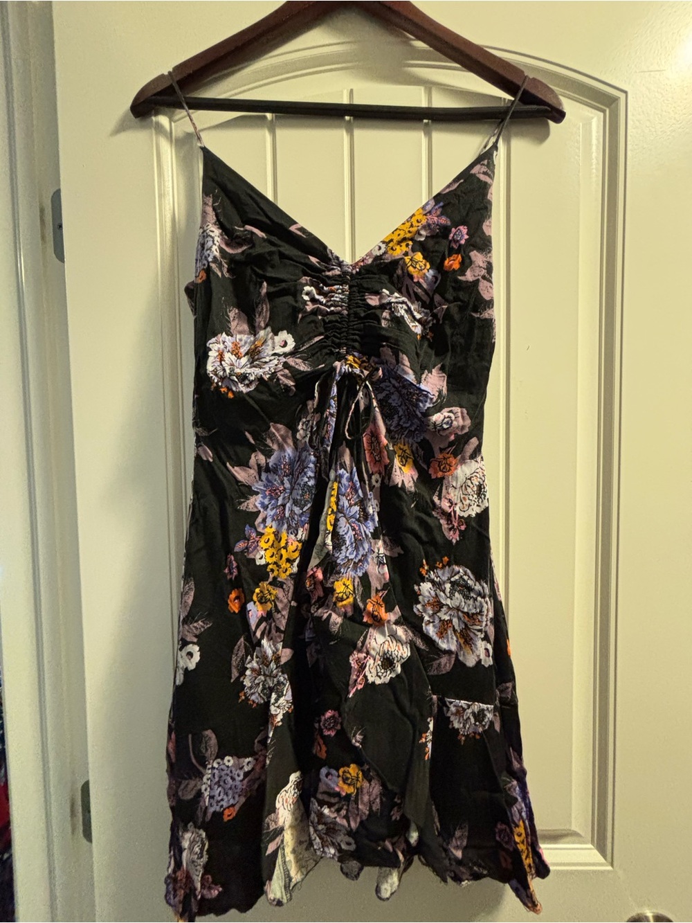 Free People Floral Ruched V-Neck Slip Dress in Black